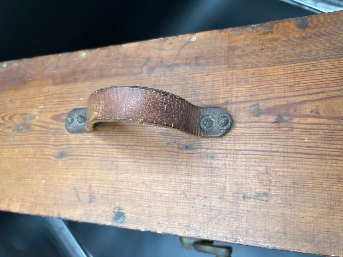 Antique Working Norwegian Maritime Foghorn LOUD handle on wooden box showcasing vintage leather and metal details.