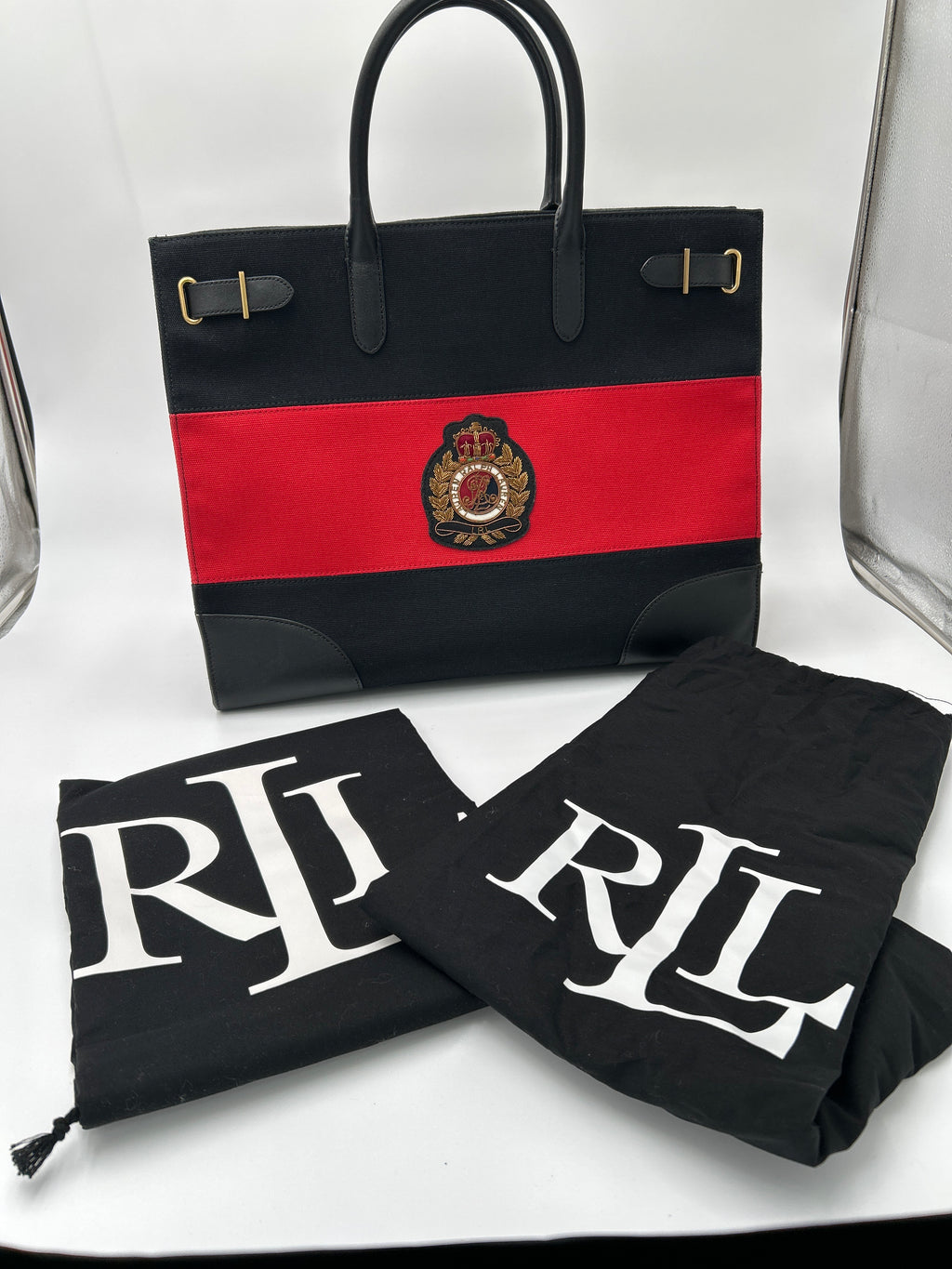 NWOT Ralph Lauren Two-Tone Devyn Canvas Tote w/2 RL storage bags featuring regal crest and durable canvas.