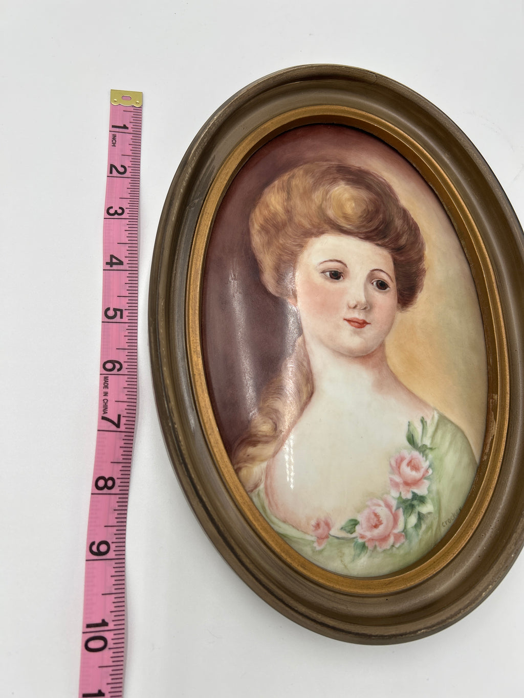 Vintage Antique Oval Porcelain Portrait Plaque — Edwardian Style Young Woman with Pink Roses, Signed