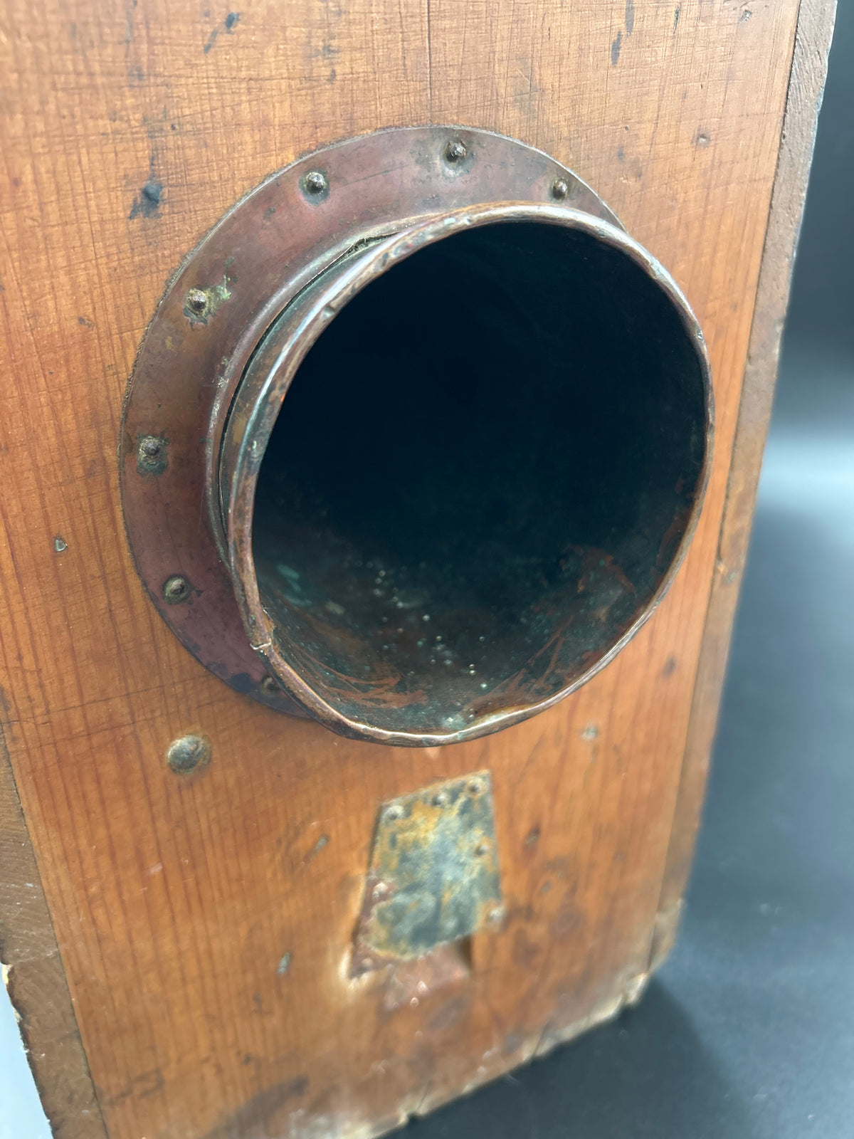 Antique Working Norwegian Maritime Foghorn LOUD close-up of the brass horn opening on the antique box foghorn.