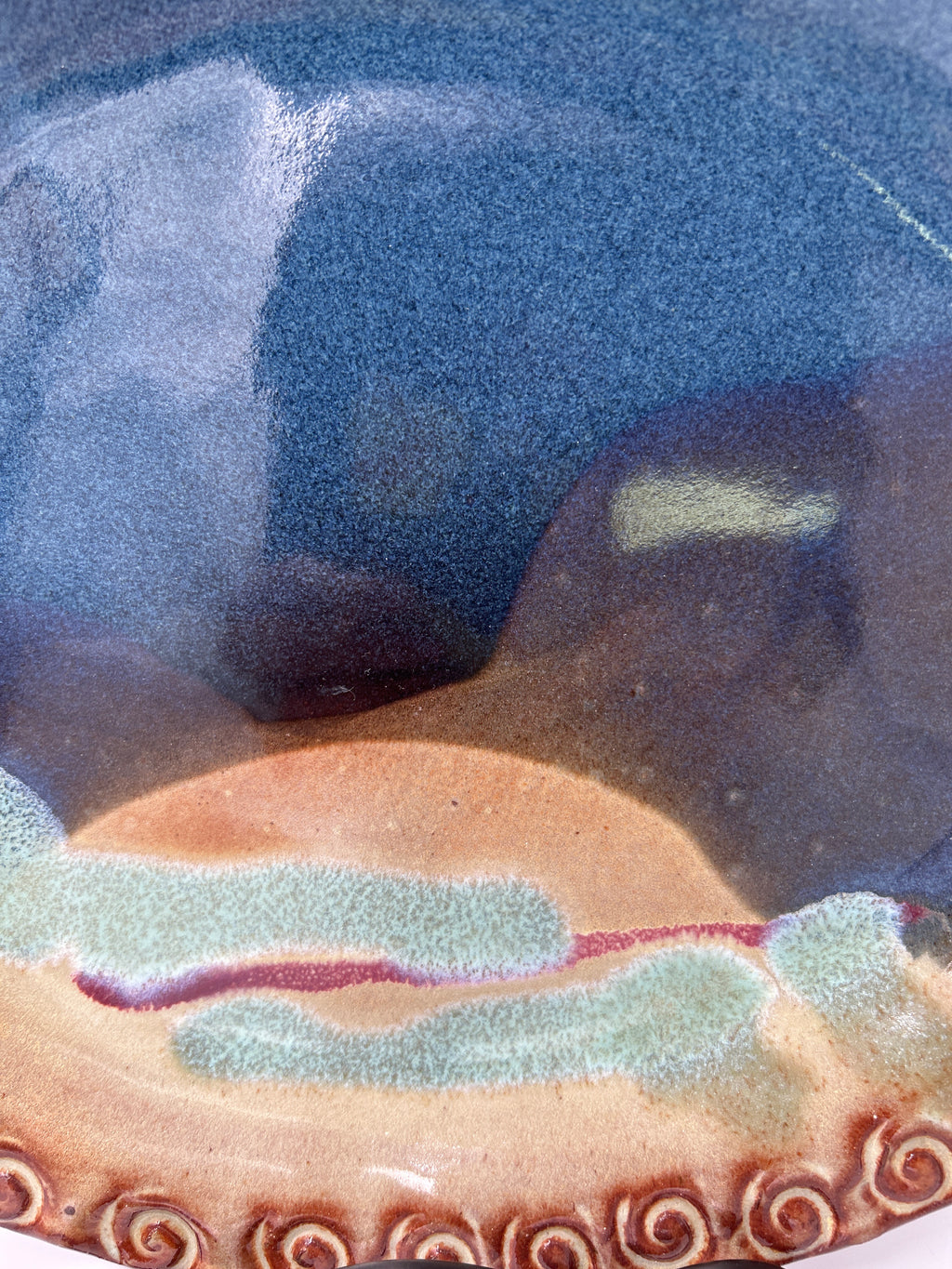 Cady Clay Works Seagrove NC Handcrafted Pottery Oval Tray Dish Multi-Glaze close-up of abstract glaze patterns