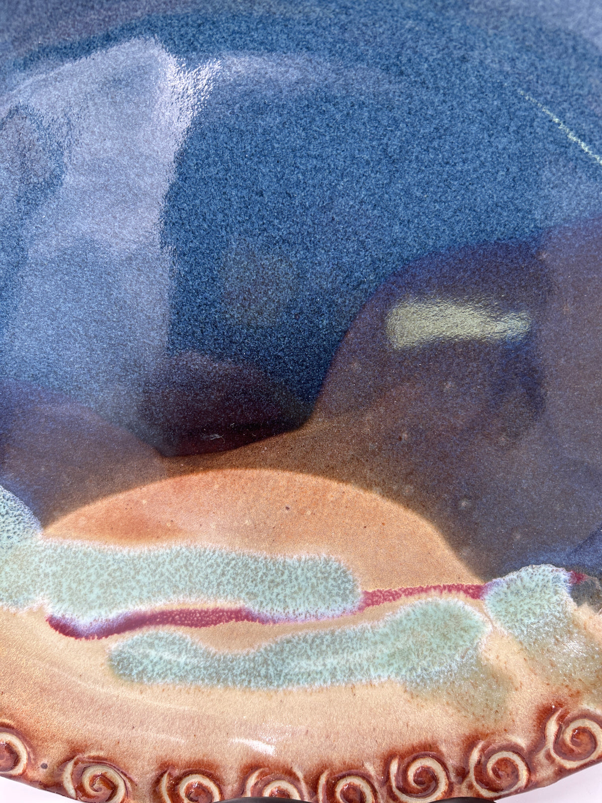 Cady Clay Works Seagrove NC Handcrafted Pottery Oval Tray Dish Multi-Glaze close-up of abstract glaze patterns