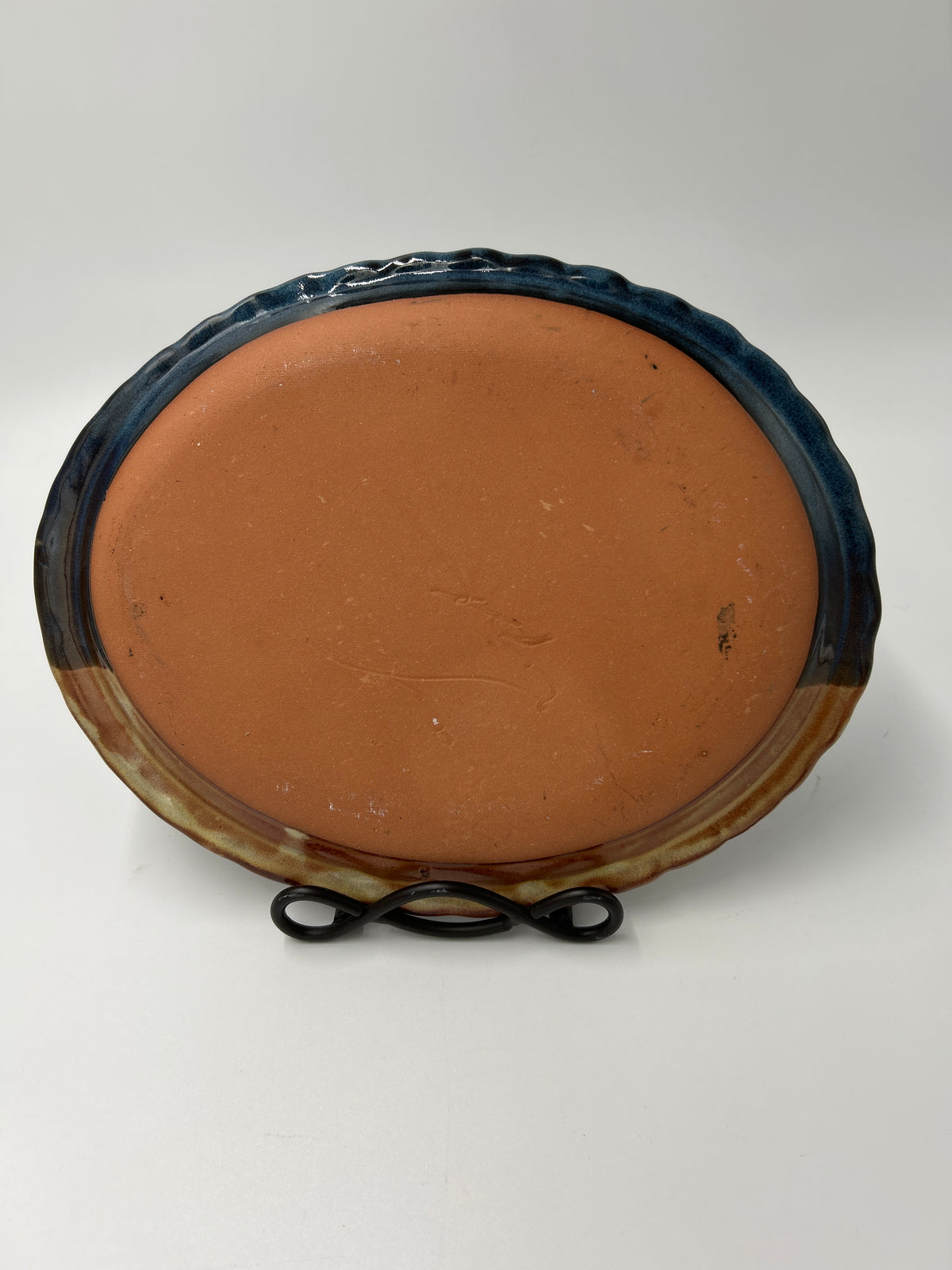 Cady Clay Works Seagrove NC Handcrafted Pottery Oval Tray Dish Multi-Glaze displayed on a black stand.