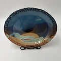 Cady Clay Works Seagrove NC Handcrafted Pottery Oval Tray Dish Multi-Glaze with intricate scroll rim and colorful glaze.