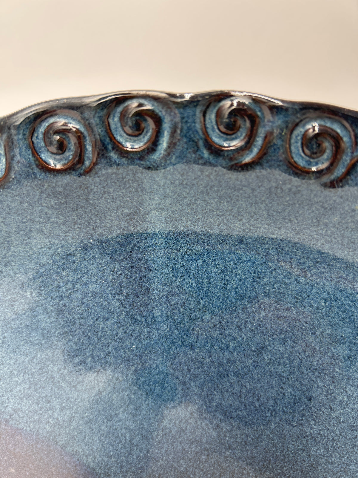 Cady Clay Works Seagrove NC Handcrafted Pottery Oval Tray Dish Multi-Glaze with intricate scroll pattern