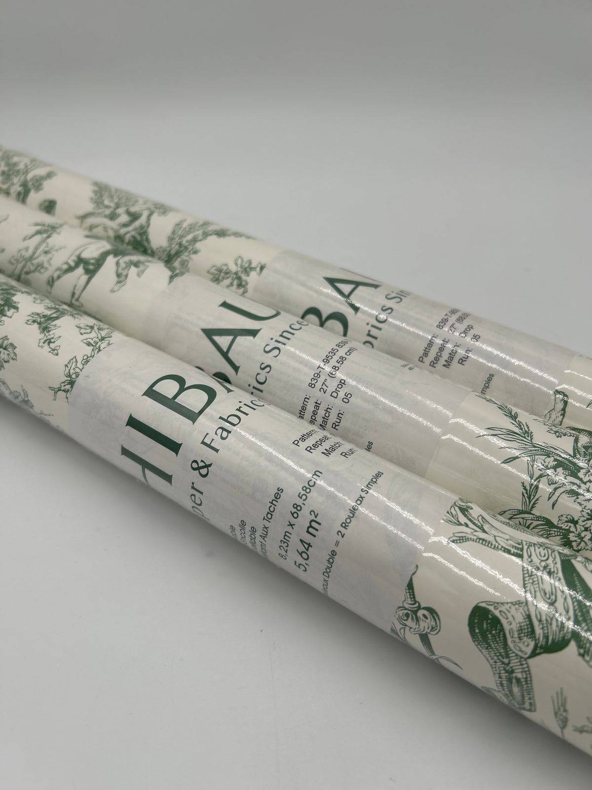 Lot of 3 THIBAUT Designer Double Rolls Wallpaper- Green/White French Country Scenic Toile (Pattern 839-T-9535)