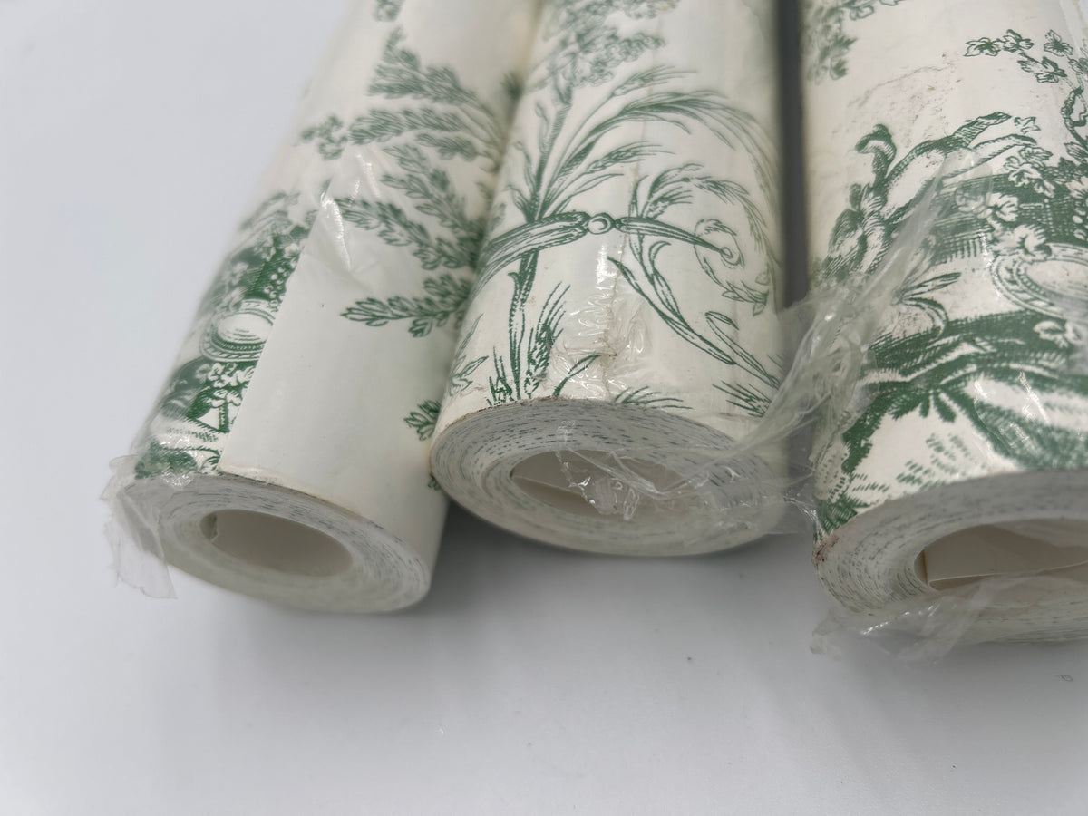 Lot of 3 THIBAUT Designer Double Rolls Wallpaper- Green/White French Country Scenic Toile (Pattern 839-T-9535)