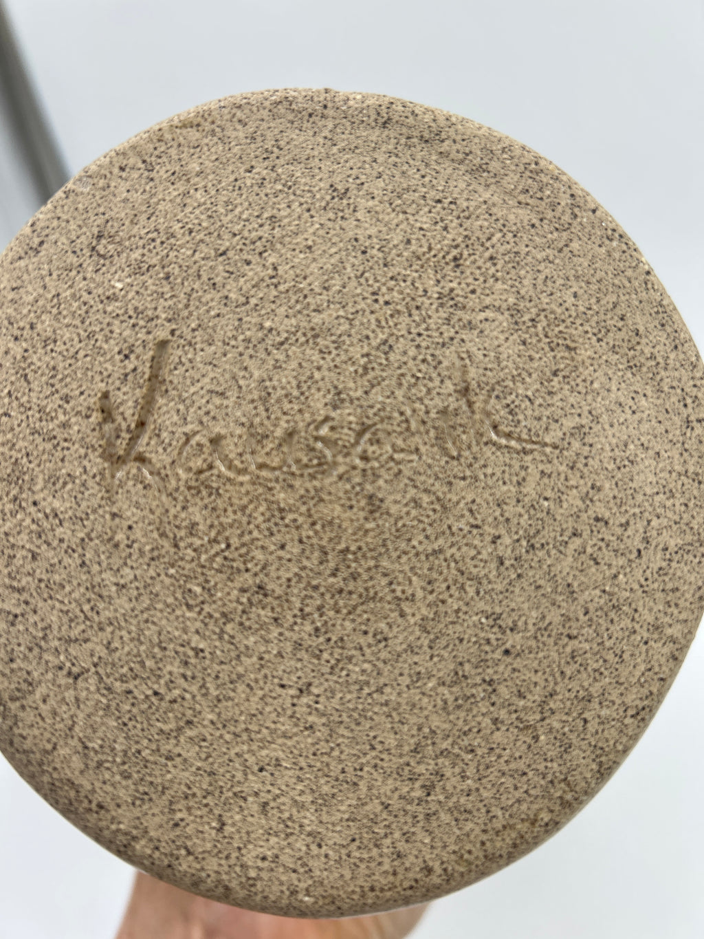 Bottom view of Jana Kozon Kausalik Studio Art Pottery Ewer Pitcher Vase showing artist's signature and texture.