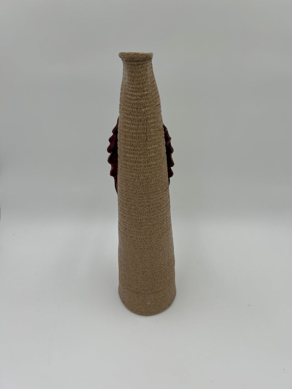 Jana Kozon Kausalik Studio Art Pottery Ewer Pitcher Vase 3D Grapes Leaves with ribbed tan stoneware and grapevine design.