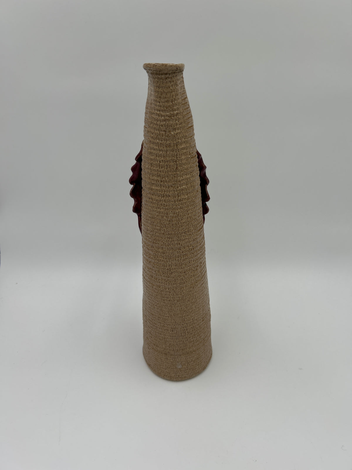 Jana Kozon Kausalik Studio Art Pottery Ewer Pitcher Vase 3D Grapes Leaves with ribbed tan stoneware and grapevine design.