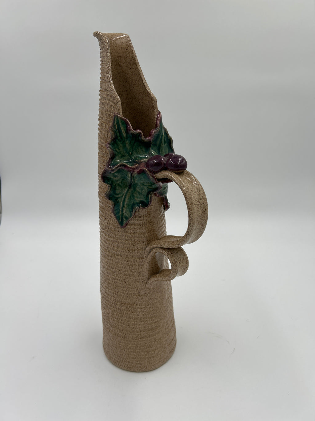 Jana Kozon Kausalik Studio Art Pottery Ewer Pitcher Vase 3D Grapes Leaves with green leaves and grapes detail