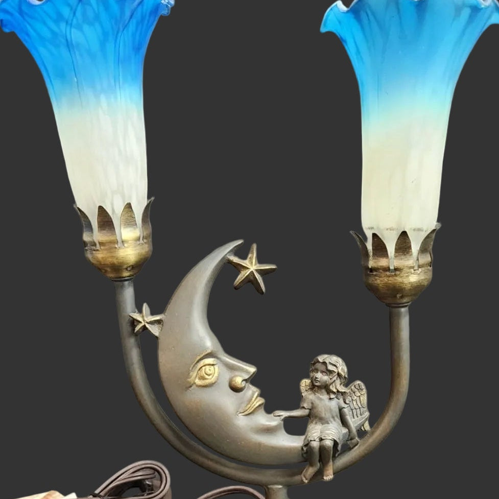 vintage celestial angel fairy bronze finish cast metal base with 2 glass blue lily lights