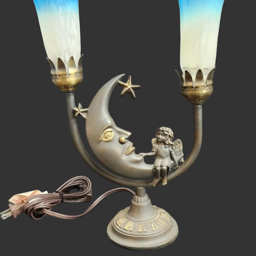 vintage celestial angel fairy bronze finish cast metal base with 2 glass blue lily tulip lights