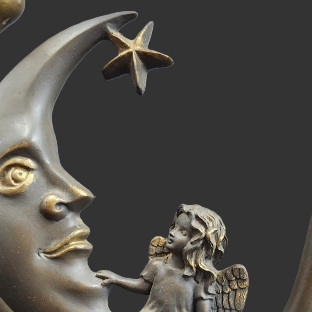 vintage celestial angel fairy bronze finish cast metal base with 2 glass blue lily lights-look up to the moon