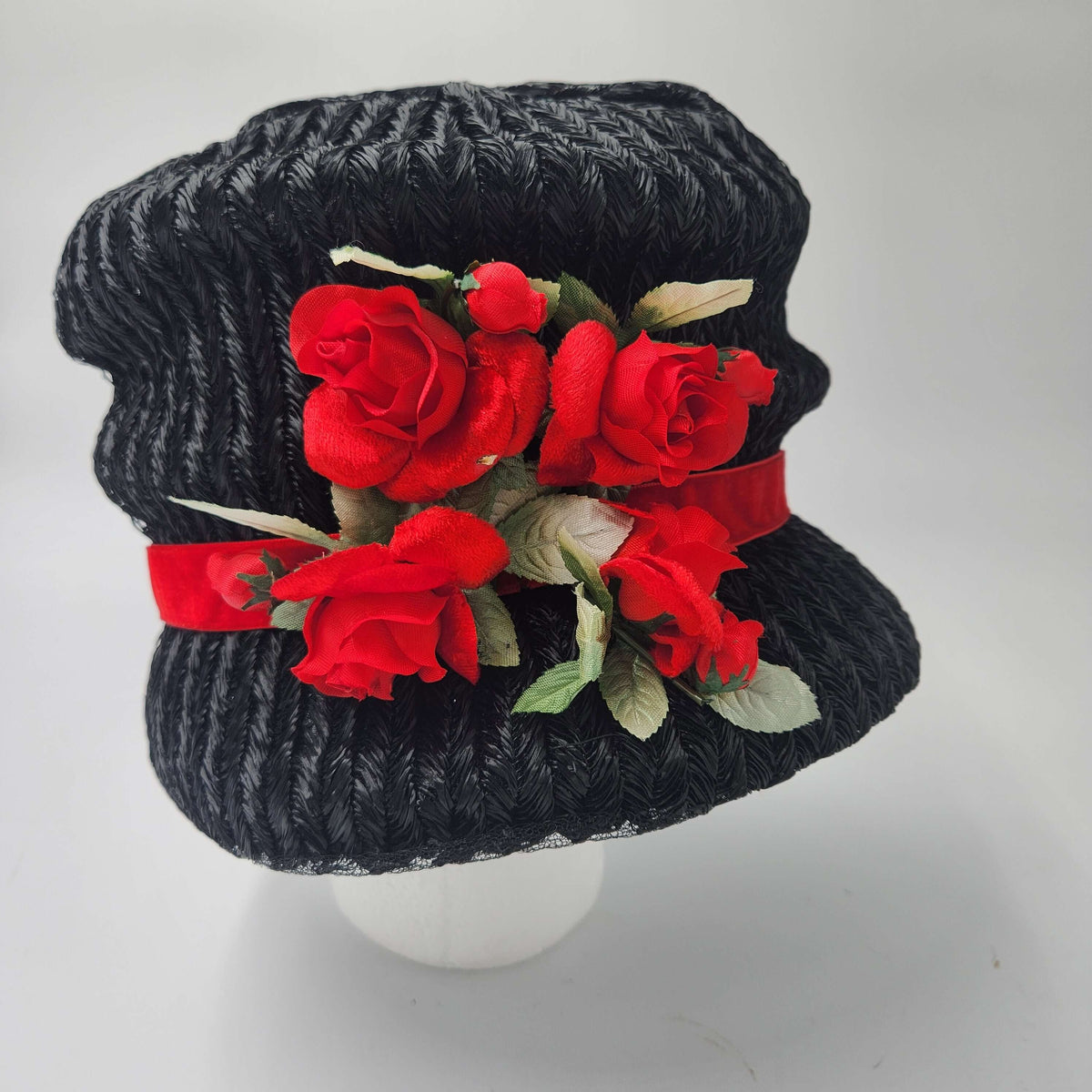 Pristine Never Worn Vintage 1960s "A Mr. Frank Original" Black Woven Bubble Hat with Red Velvet Roses - Deadstock Medium