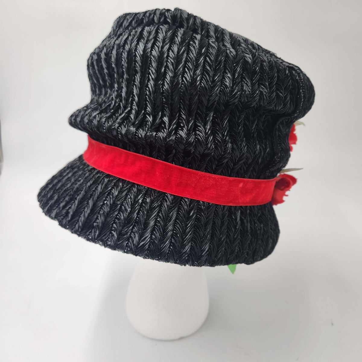 Pristine Never Worn Vintage 1960s "A Mr. Frank Original" Black Woven Bubble Hat with Red Velvet Roses - Deadstock Medium