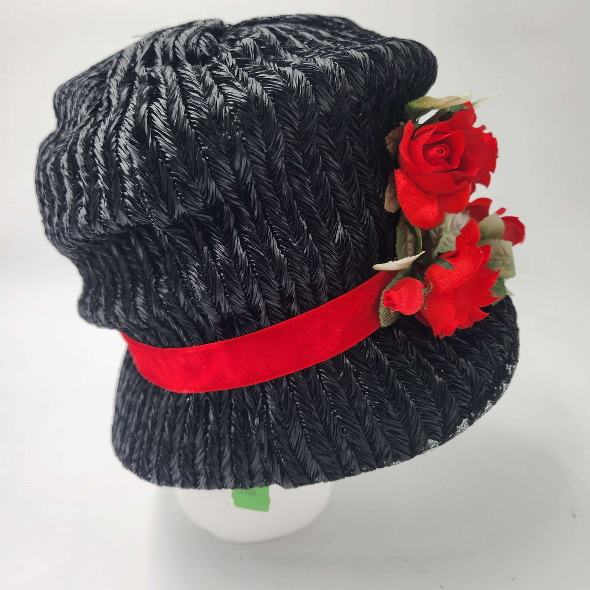 Pristine Never Worn Vintage 1960s "A Mr. Frank Original" Black Woven Bubble Hat with Red Velvet Roses - Deadstock Medium
