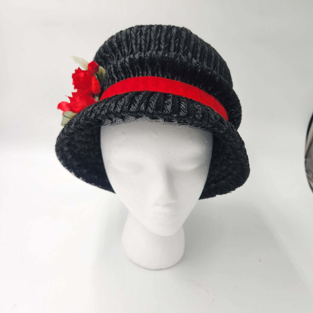 Pristine Never Worn Vintage 1960s "A Mr. Frank Original" Black Woven Bubble Hat with Red Velvet Roses - Deadstock  Medium