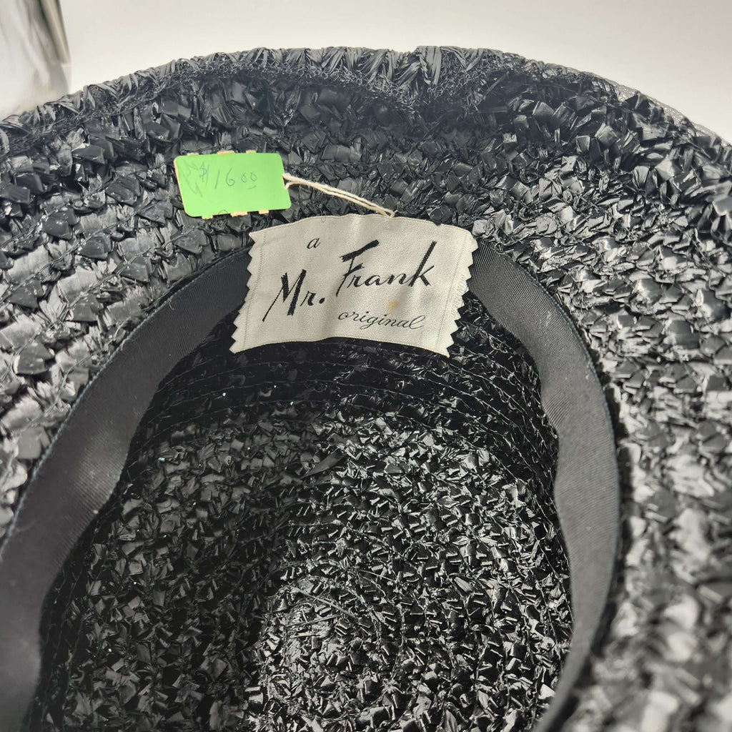 Interior view of Pristine Never Worn Vintage 1960s "A Mr. Frank Original" Black Woven Bubble Hat with Red Velvet Roses - Deadstock Medium.