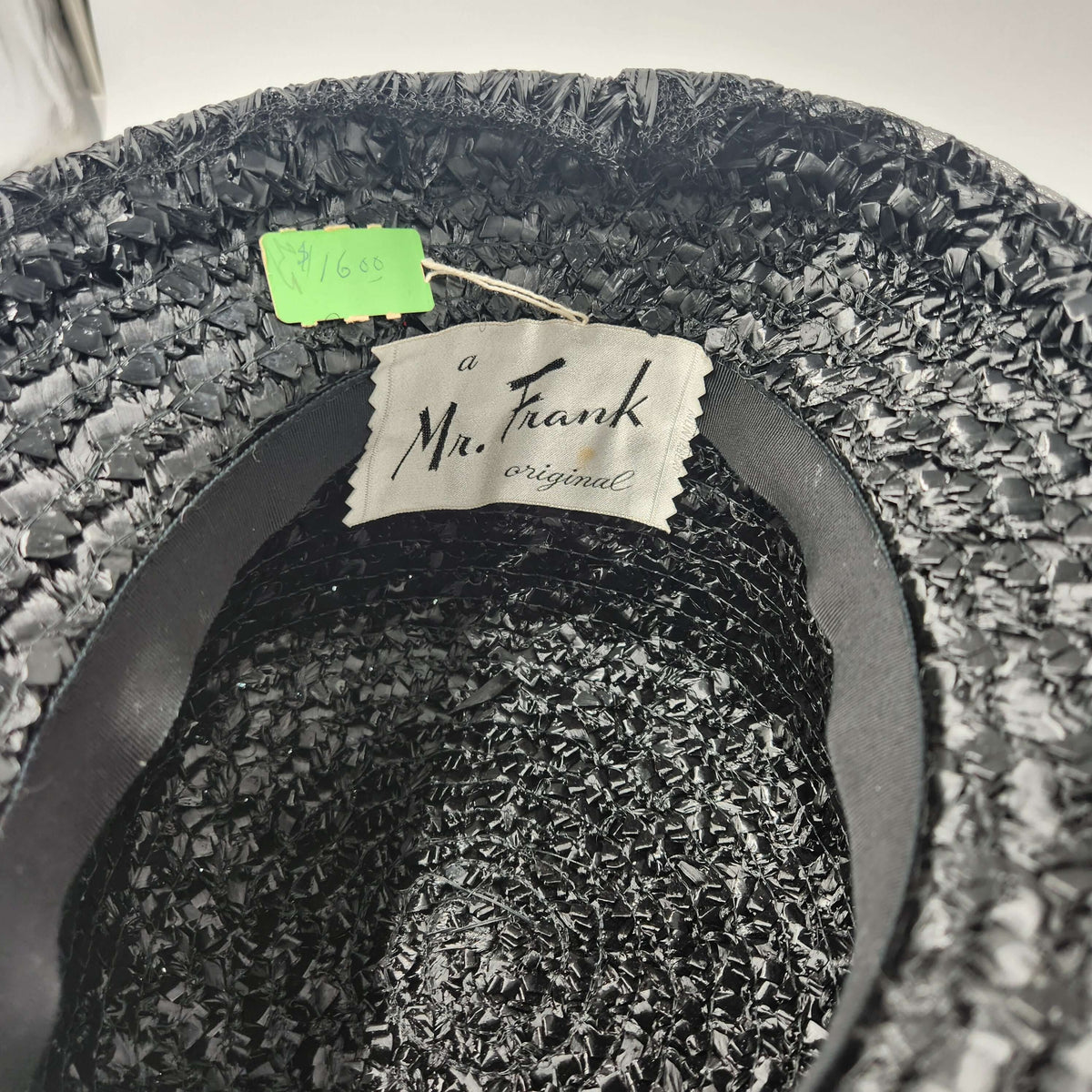 Interior view of Pristine Never Worn Vintage 1960s "A Mr. Frank Original" Black Woven Bubble Hat with Red Velvet Roses - Deadstock Medium.