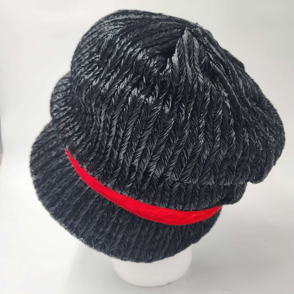 Pristine Never Worn Vintage 1960s "A Mr. Frank Original" Black Woven Bubble Hat with Red Velvet Roses - Deadstock Medium.