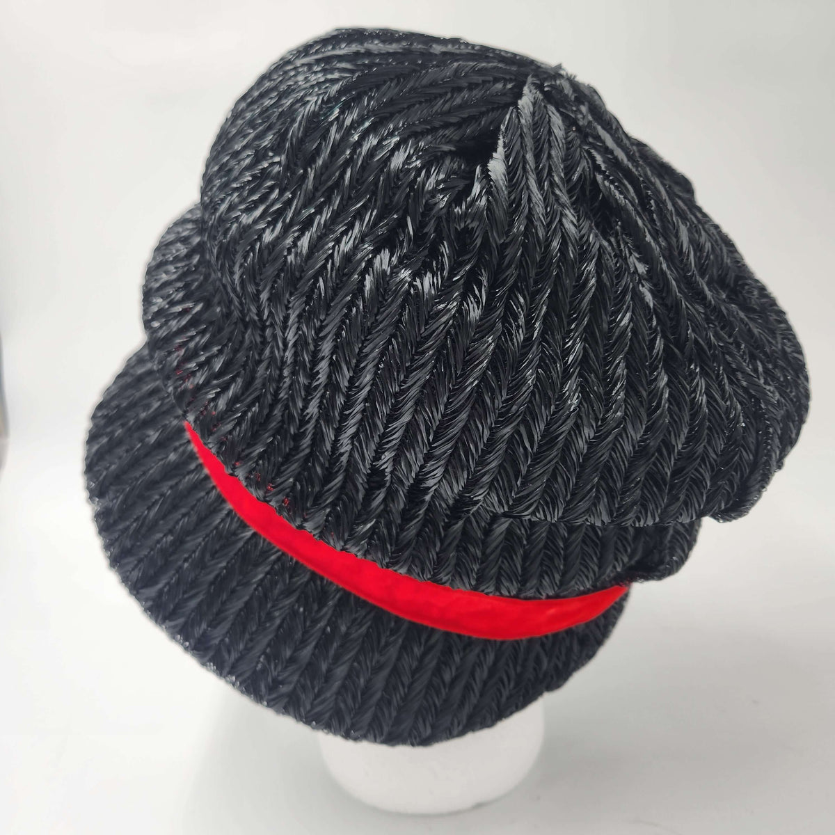 Pristine Never Worn Vintage 1960s "A Mr. Frank Original" Black Woven Bubble Hat with Red Velvet Roses - Deadstock Medium.