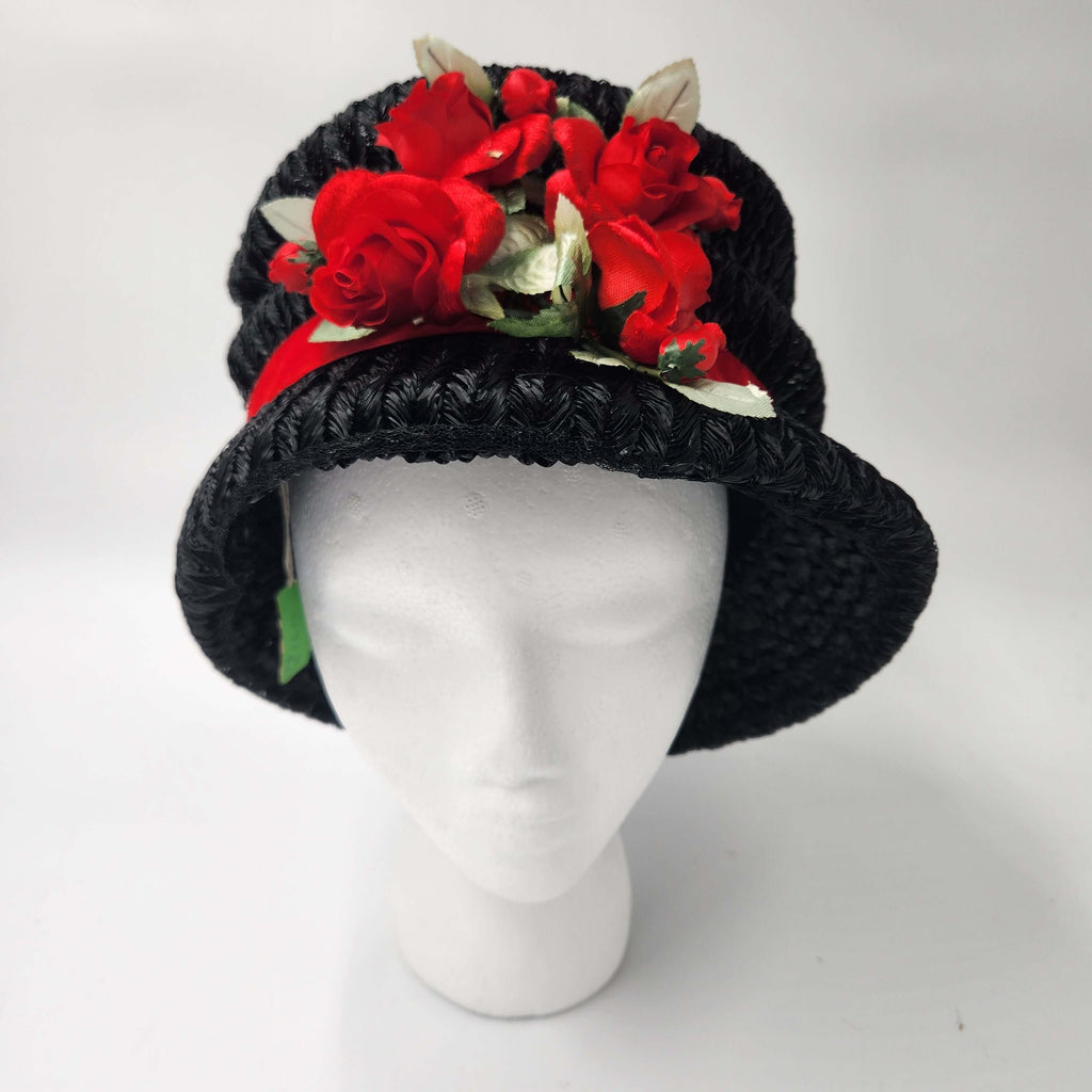 Pristine Never Worn Vintage 1960s "A Mr. Frank Original" Black Woven Bubble Hat with Red Velvet Roses - Deadstock Medium.
