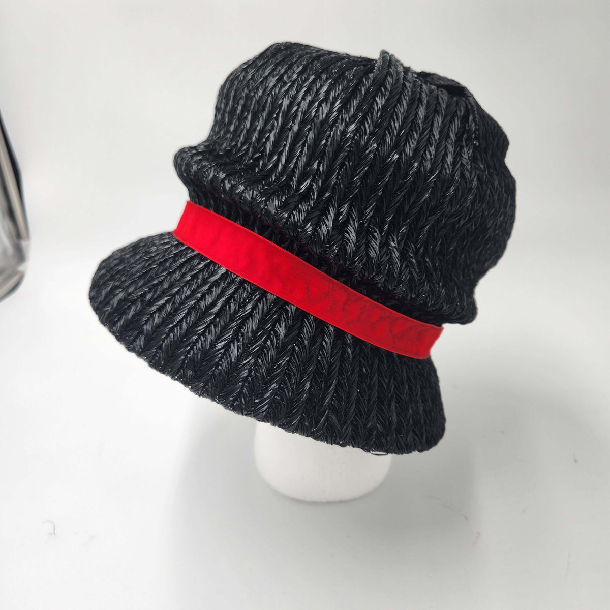 Pristine Never Worn Vintage 1960s "A Mr. Frank Original" Black Woven Bubble Hat with Red Velvet Roses - Deadstock  Medium