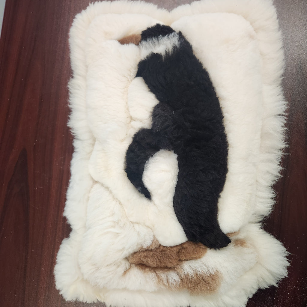 Vintage alpaca fur penguin pillow from Peru, front view of the black penguin motif on ivory plush fur full view
