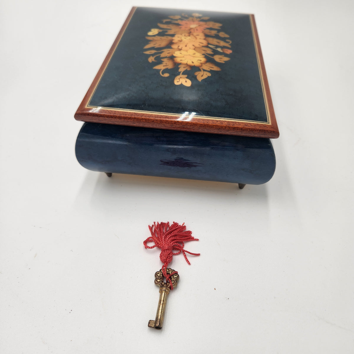 Reuge (Swiss Movement) / Italian Sorrento Music Box with intricate floral design and decorative key.