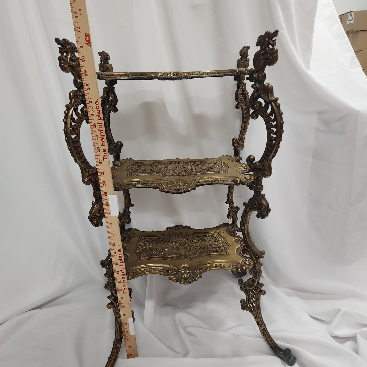 Vintage Ornate Cast Brass 3 Tier Plant Stand Dragon Grotesque French Scrollwork