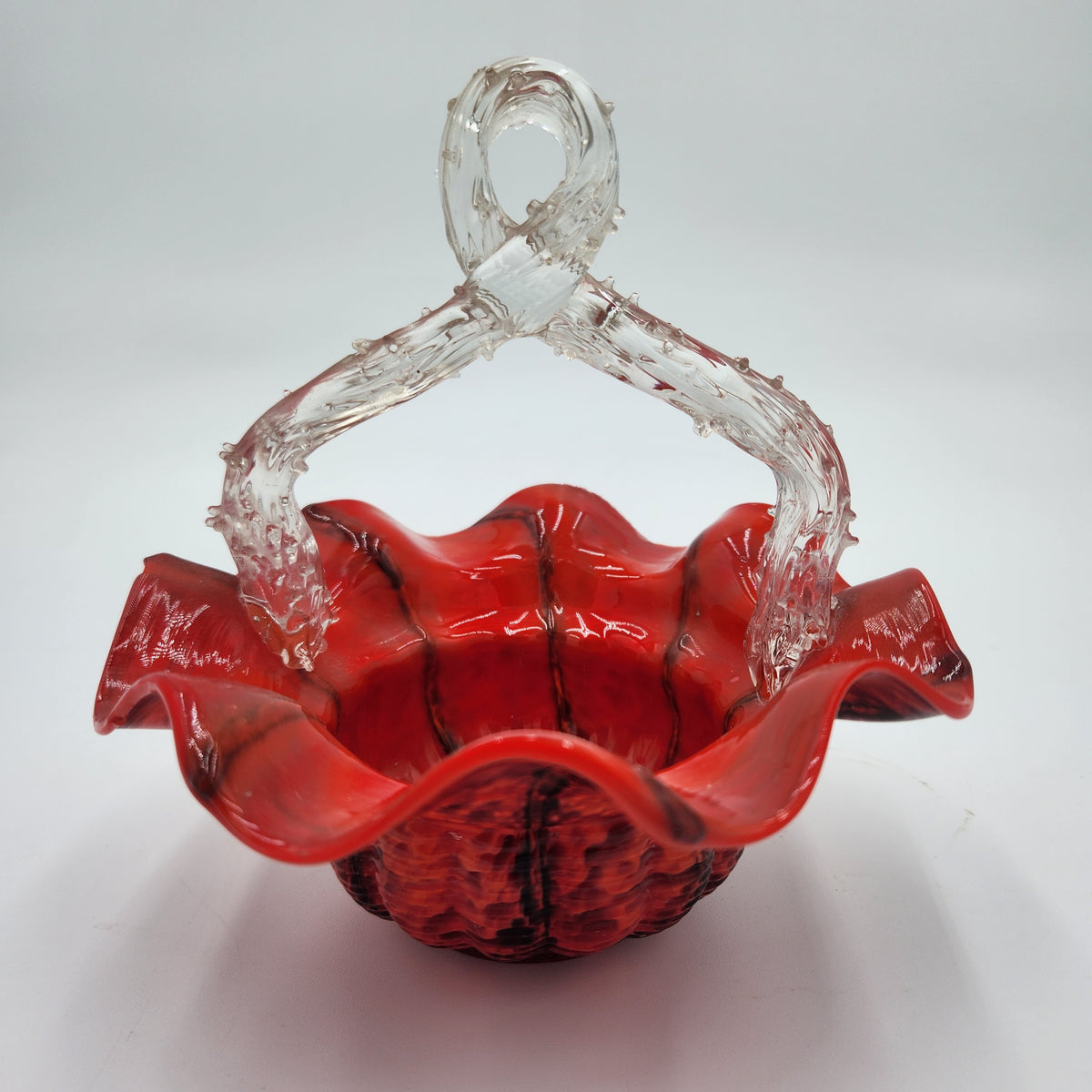 Vintage Czech Red Spatter Art Glass Basket Clear Thorn Handle Ruffled Edge 8.5"