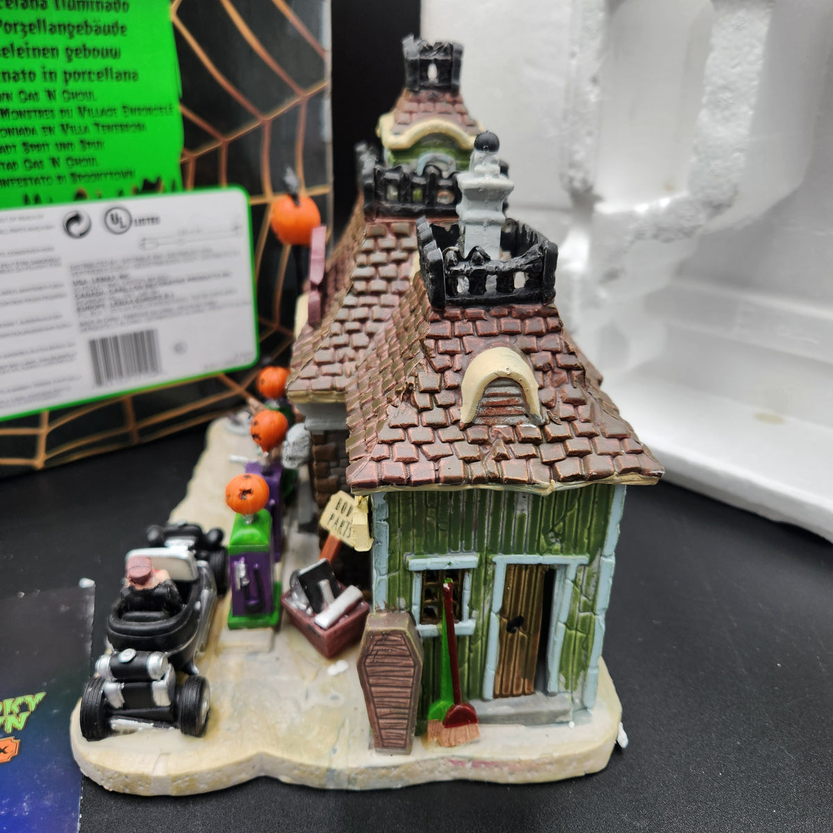 Lemax Spooky Town Retired Gas N Ghoul CIB Motorized Biker Village Set