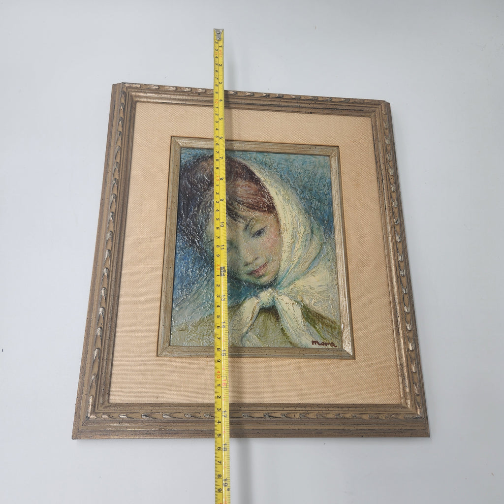 Vintage Mid-Century Modern Portrait Oil Canvas Painting – Woman in Headscarf, Signed Mara c. 1960s/1970s displayed with ruler.