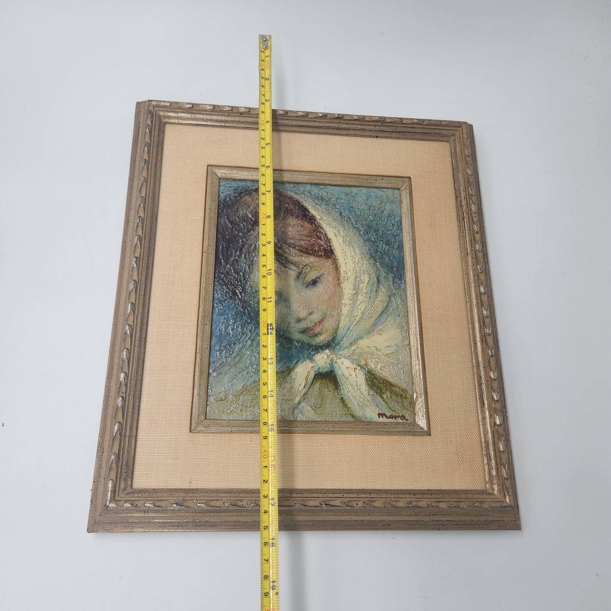 Vintage Mid-Century Modern Portrait Oil Canvas Painting – Woman in Headscarf, Signed Mara c. 1960s/1970s displayed with ruler.
