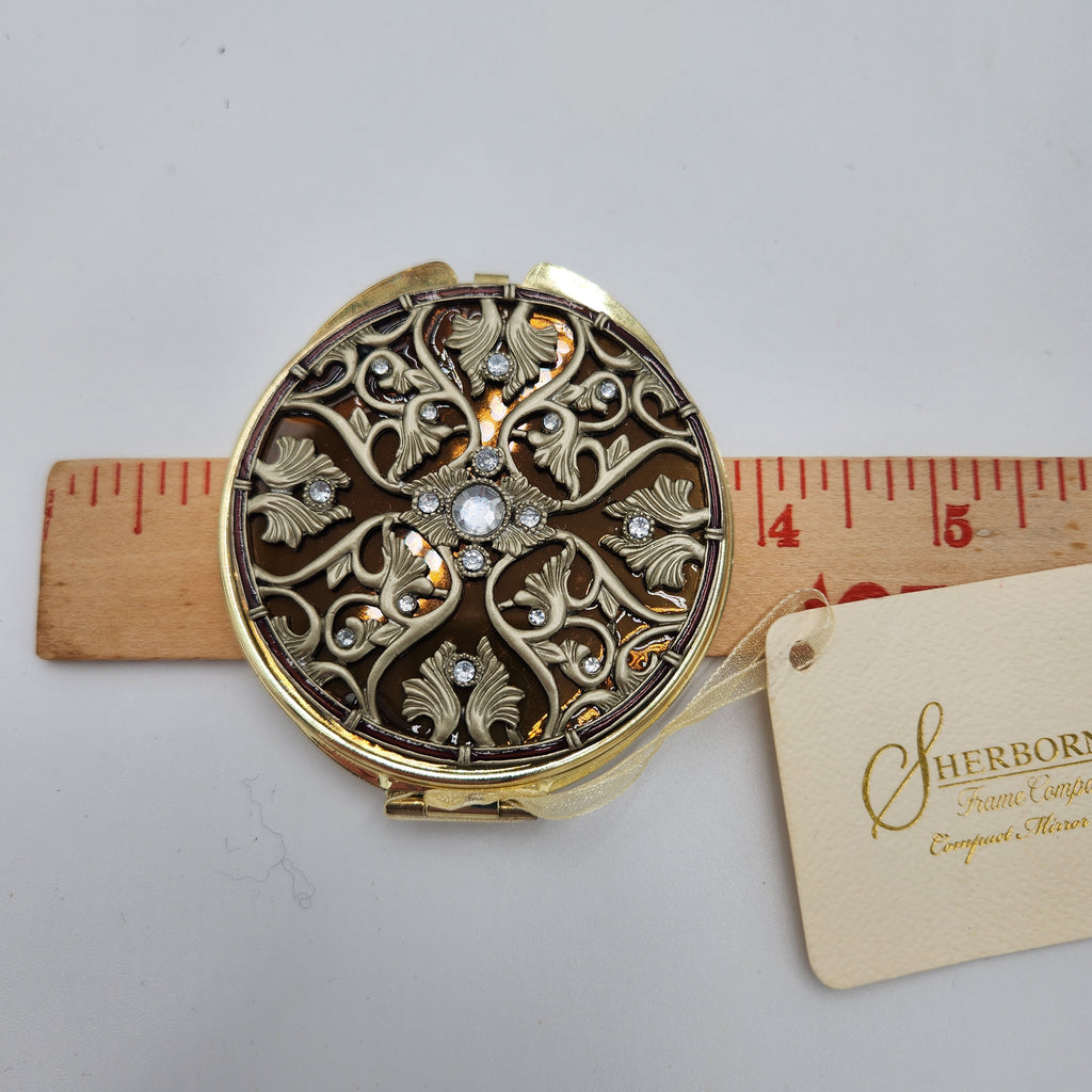 NIB Vintage Sherborne Frame Co Jeweled Filigree Compact Mirror Gold