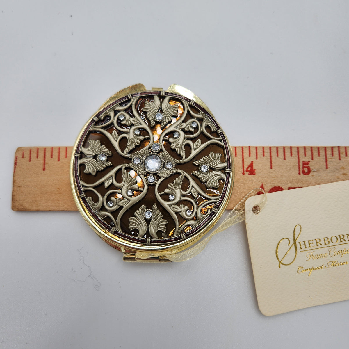 NIB Vintage Sherborne Frame Co Jeweled Filigree Compact Mirror Gold