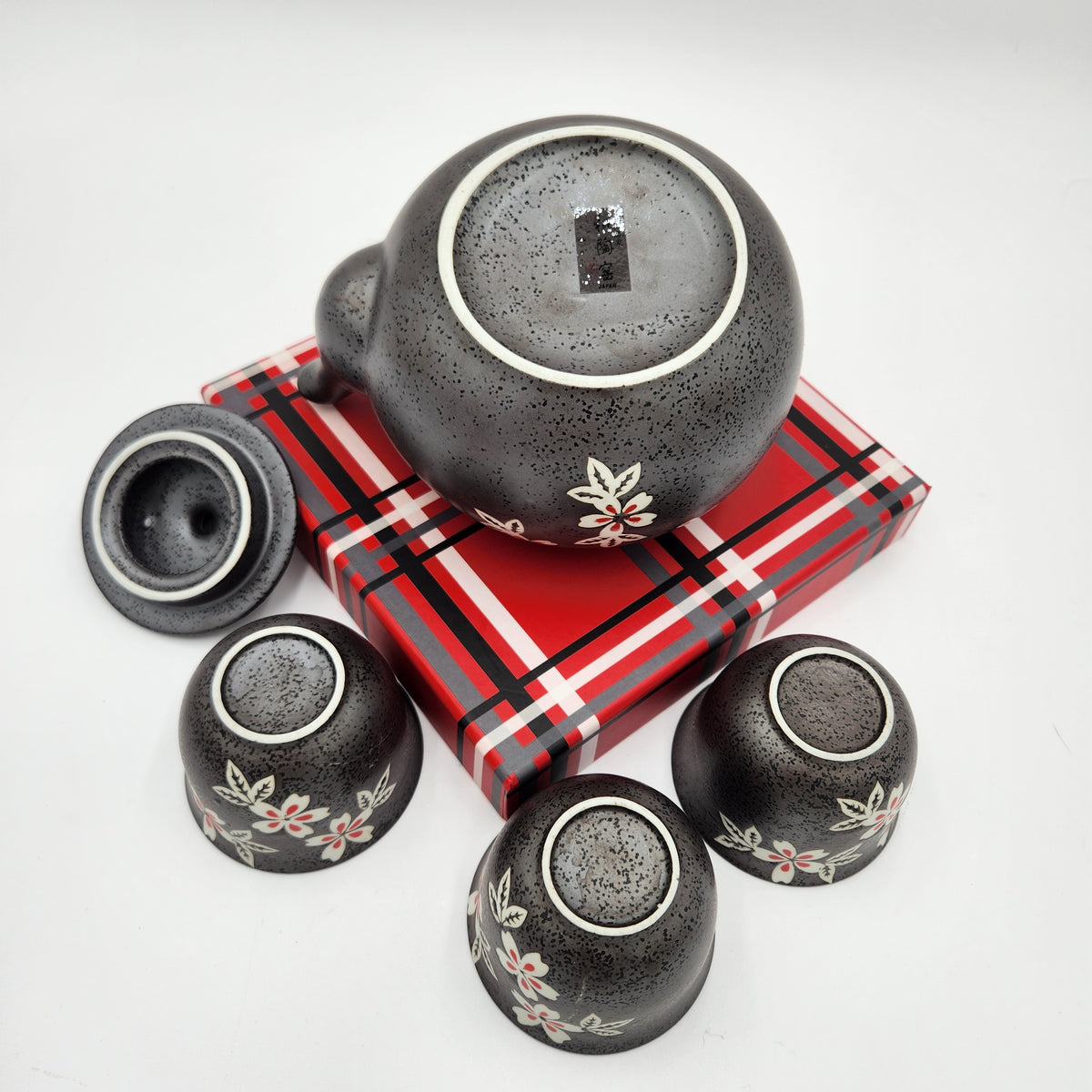 Japanese Black Sakura Ceramic Tea Set – Teapot, 2 Cups, Mesh Infuser + Bonus Replacement Cup!