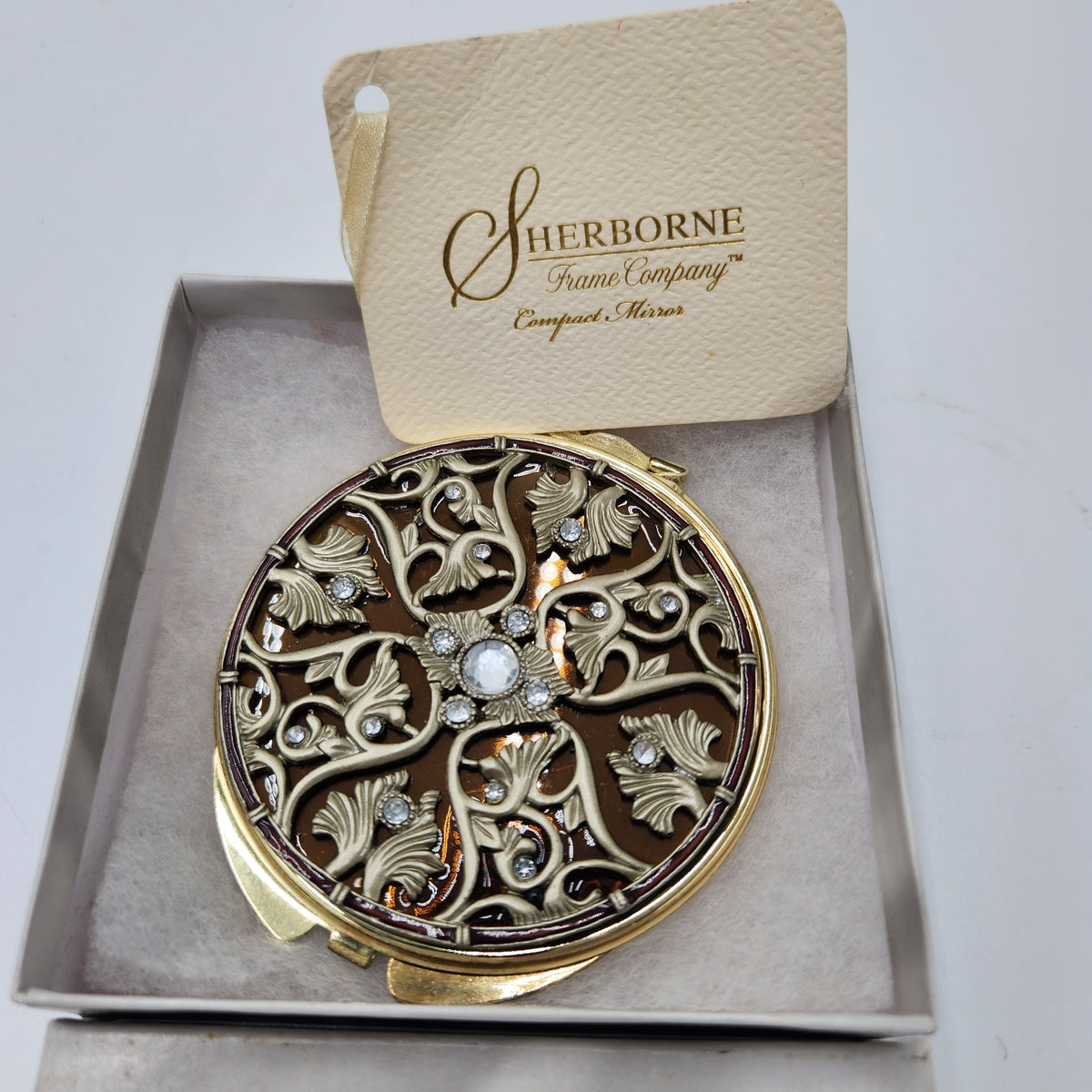 NIB Vintage Sherborne Frame Co Jeweled Filigree Compact Mirror Gold
