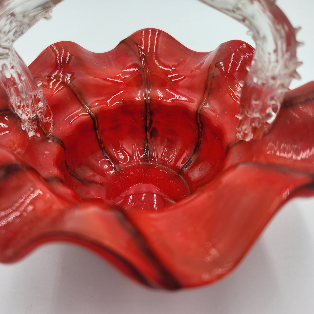 Vintage Czech Red Spatter Art Glass Basket Clear Thorn Handle Ruffled Edge 8.5"
