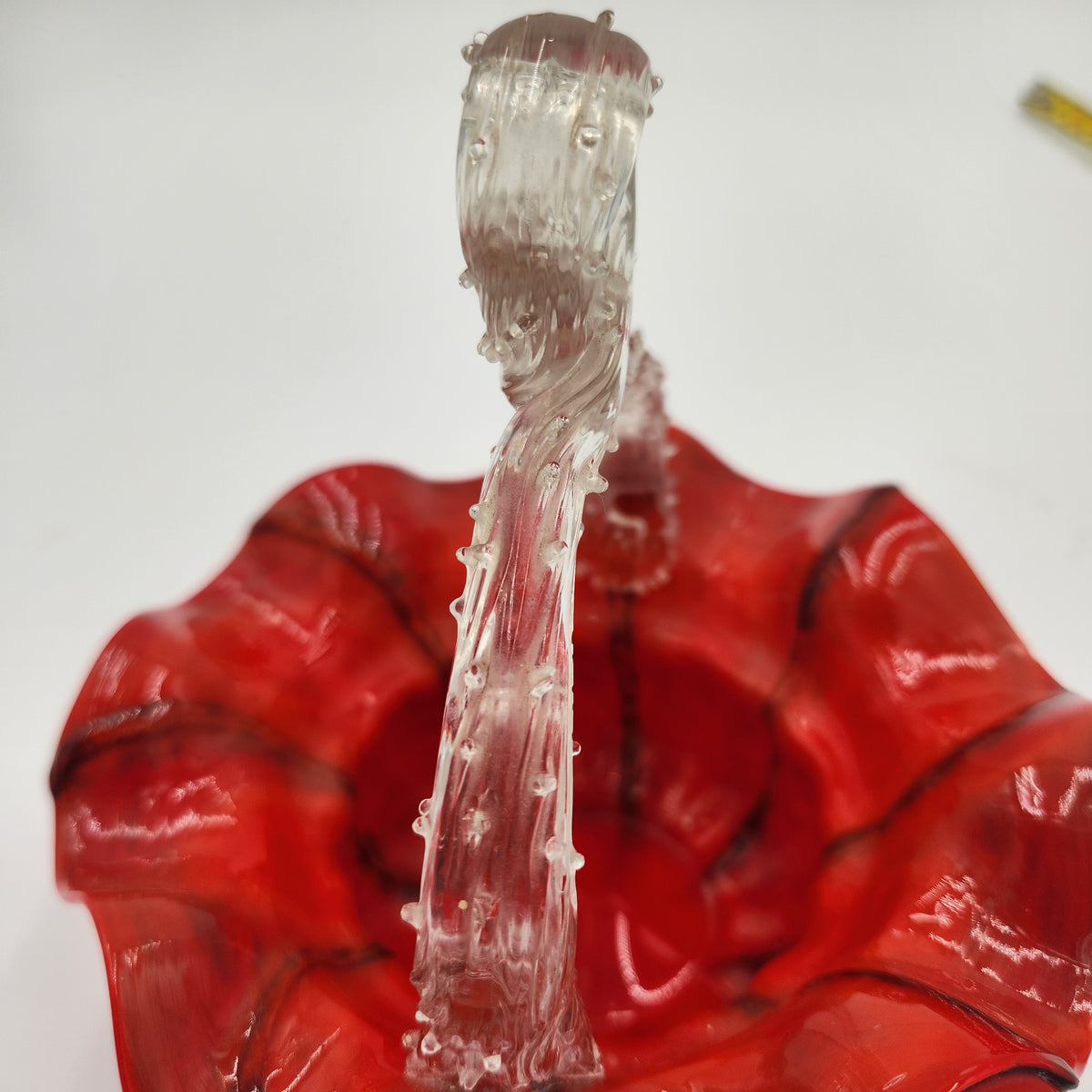 Vintage Czech Red Spatter Art Glass Basket Clear Thorn Handle Ruffled Edge 8.5"
