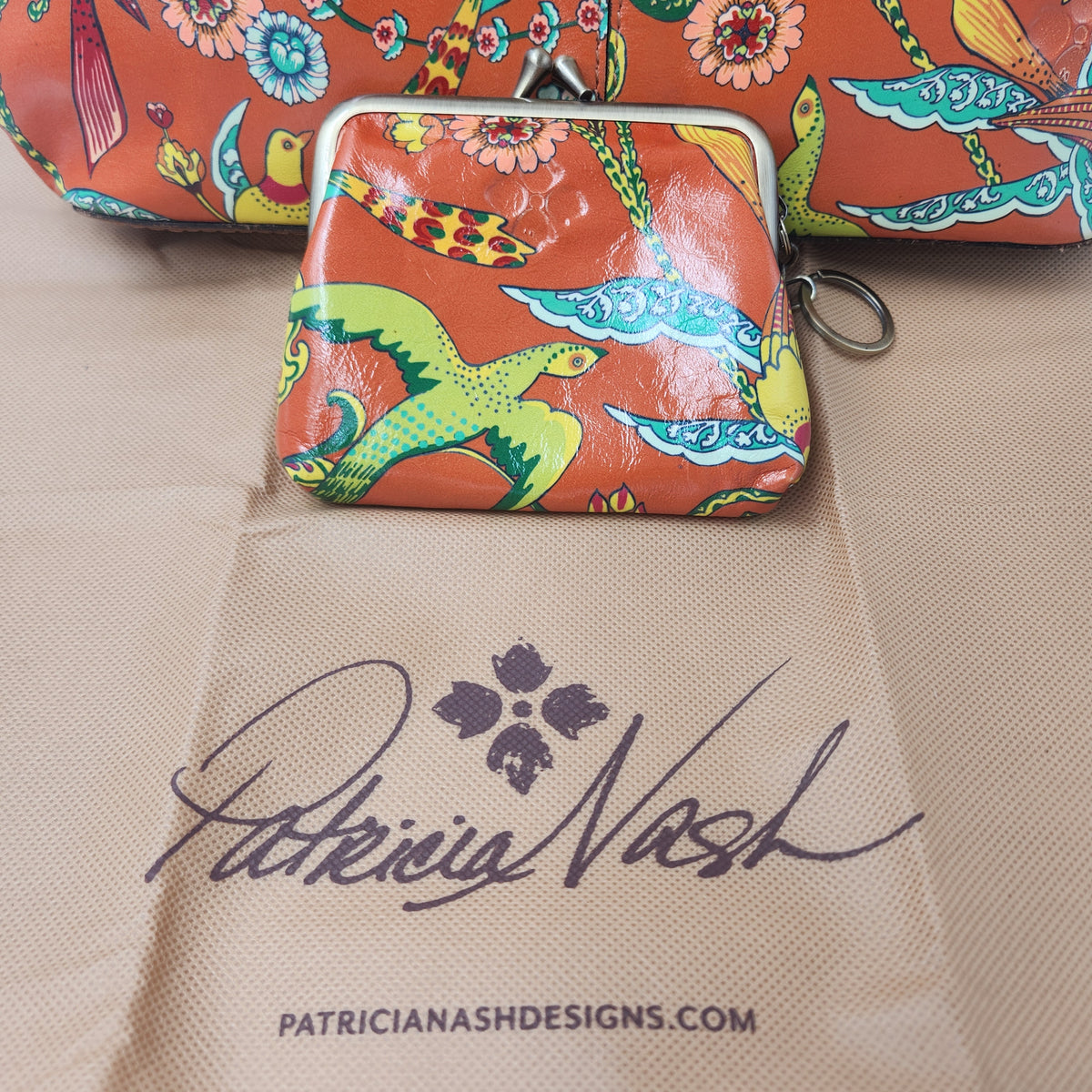 Patricia Nash Birds of Paradise Leather Satchel Bag & Coin Purse Set Dustbag