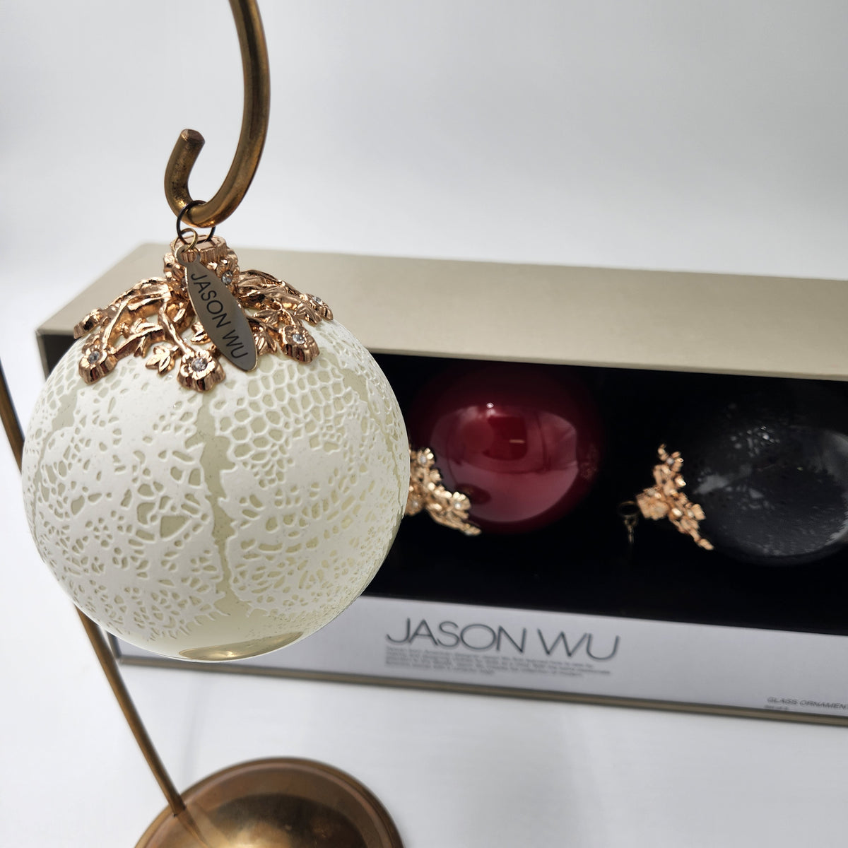 Jason Wu Nieman Marcus Target set of 3 Ornaments New in Box 2012 with intricate gold floral finials.