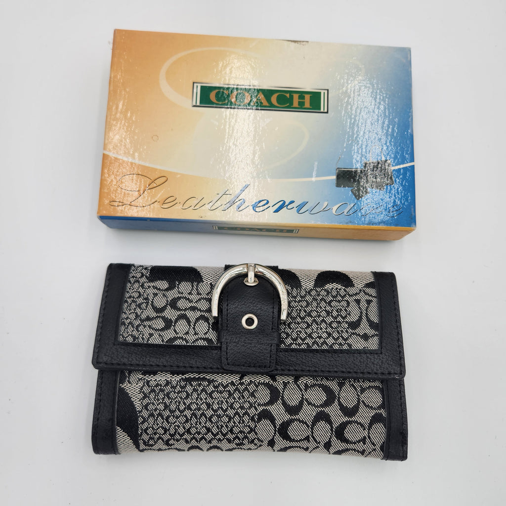 Vintage Coach Signature Jacquard Soho-Style Trifold Wallet | Black & Grey | Buckle Clasp | Y2K Era