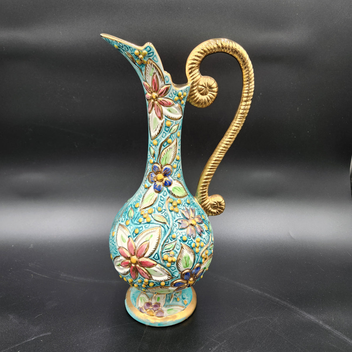 Vintage H Bequet Quaregnon Belgium Majolica Ewer Pitcher Vase #212 Turquoise 13"