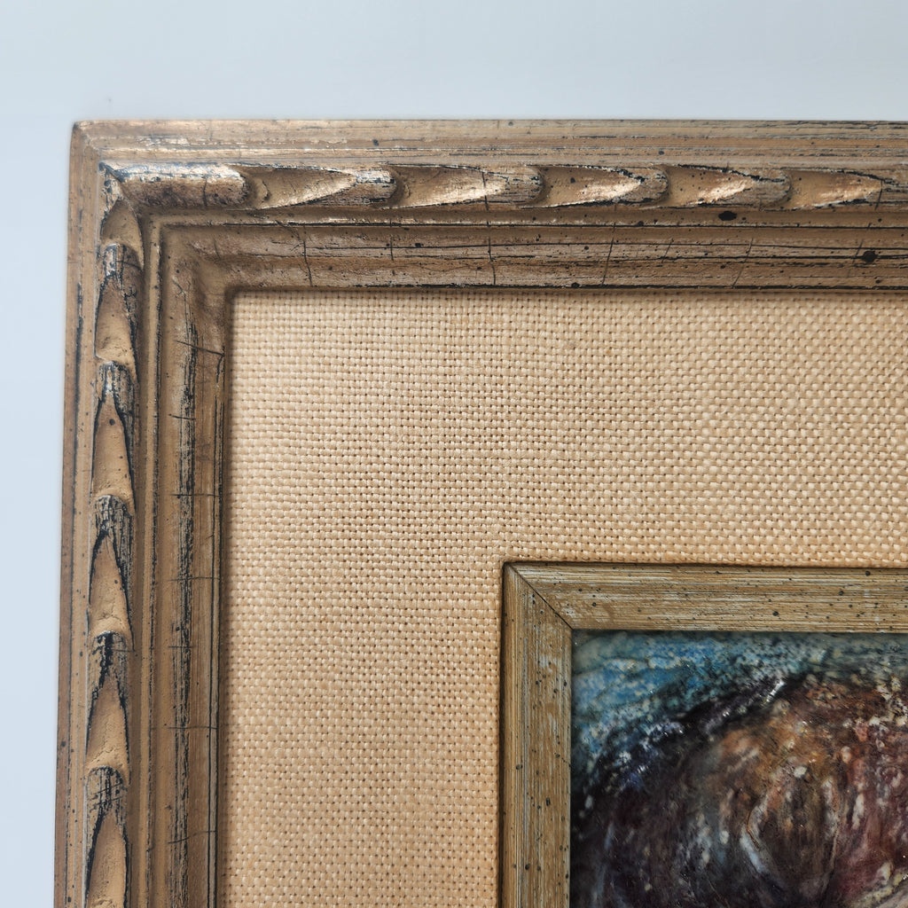 Vintage Mid-Century Modern Portrait Oil Canvas Painting – Woman in Headscarf, Signed Mara c. 1960s/1970s frame detail
