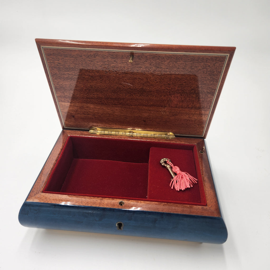 Reuge (Swiss Movement) / Italian Sorrento Music Box open view showcasing the interior with a tassel.