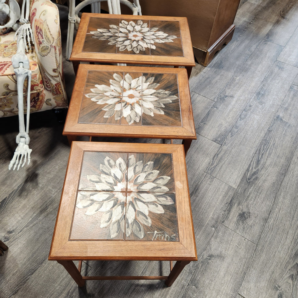 Vintage Mid Century Danish Teak Nesting Tables with Floral Tile Top - Set of 3