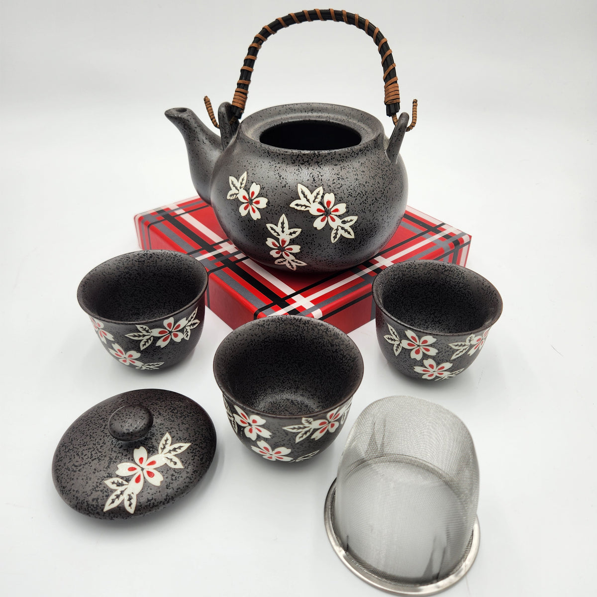 Japanese Black Sakura Ceramic Tea Set – Teapot, 2 Cups, Mesh Infuser + Bonus Replacement Cup!