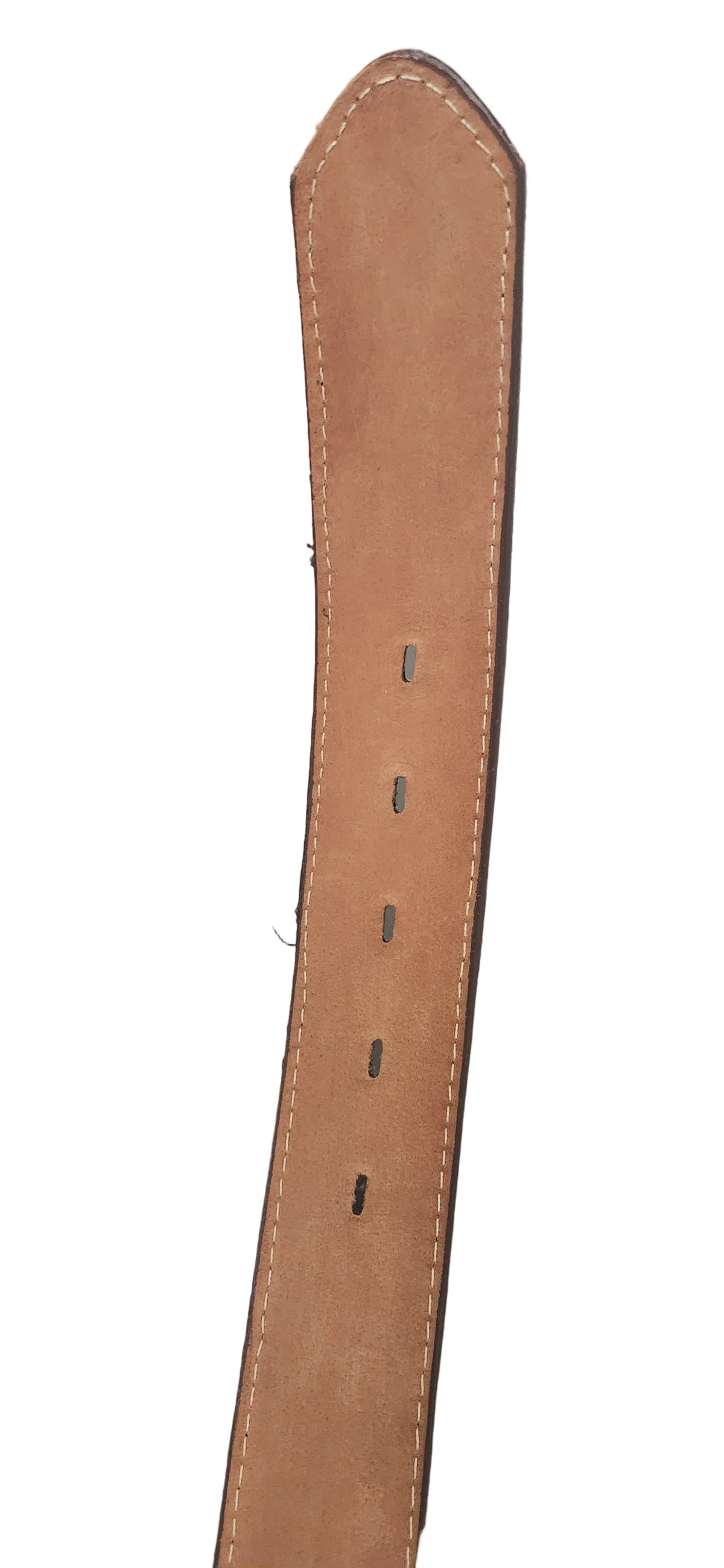 A close-up of a tan leather watch strap end with pre-drilled holes and contrast stitching, resting on a gray surface.Justin Genuine Ostrich Belt